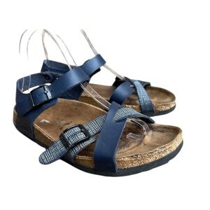 Birki's by Birkenstock Lillie Navy Plaid Buckle Sandals Color Navy Blue Sz 37